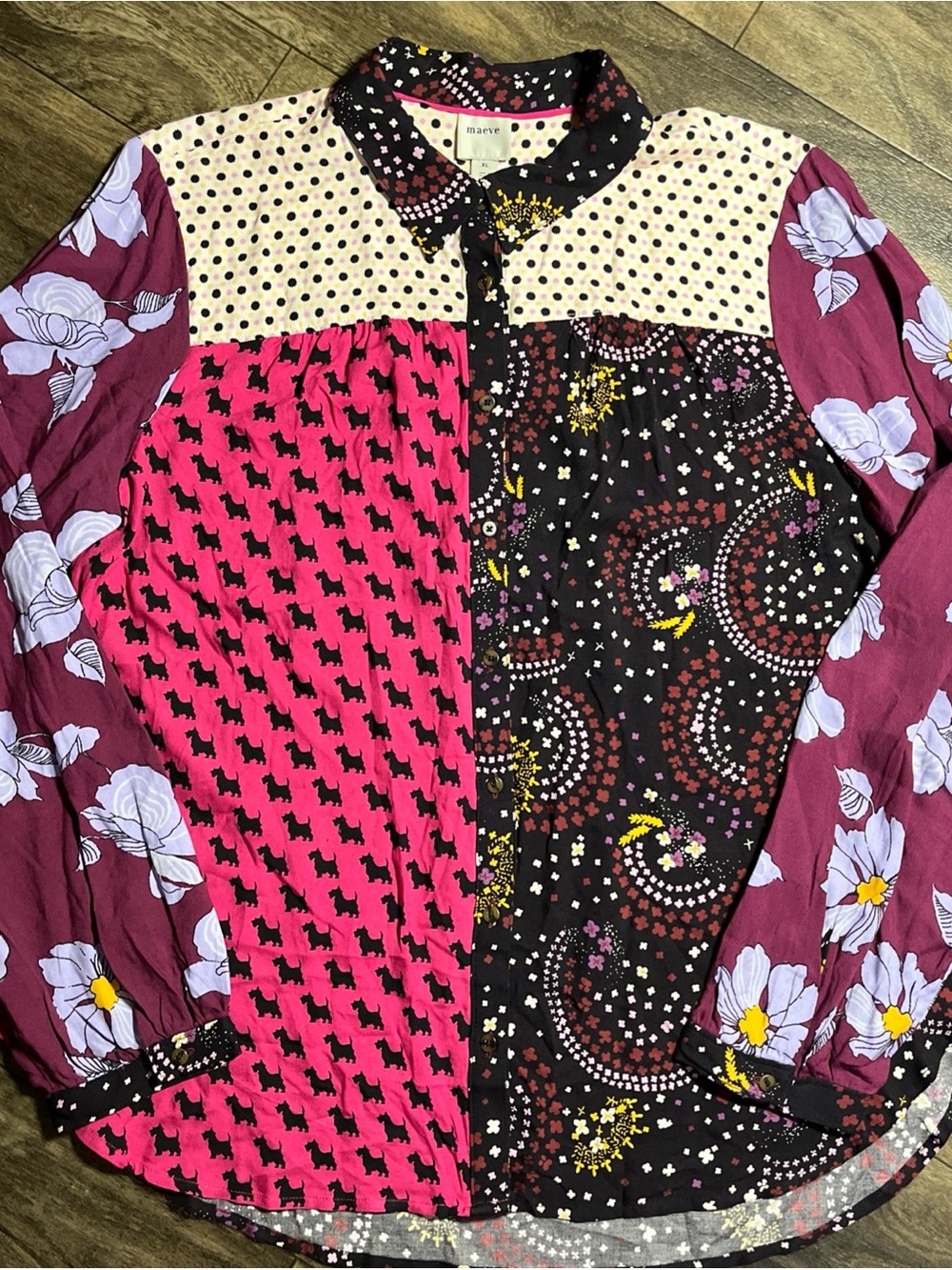 Maeve The Paz Shirt Womens XL Patchwork Dog Print Boho Viscose EUC
